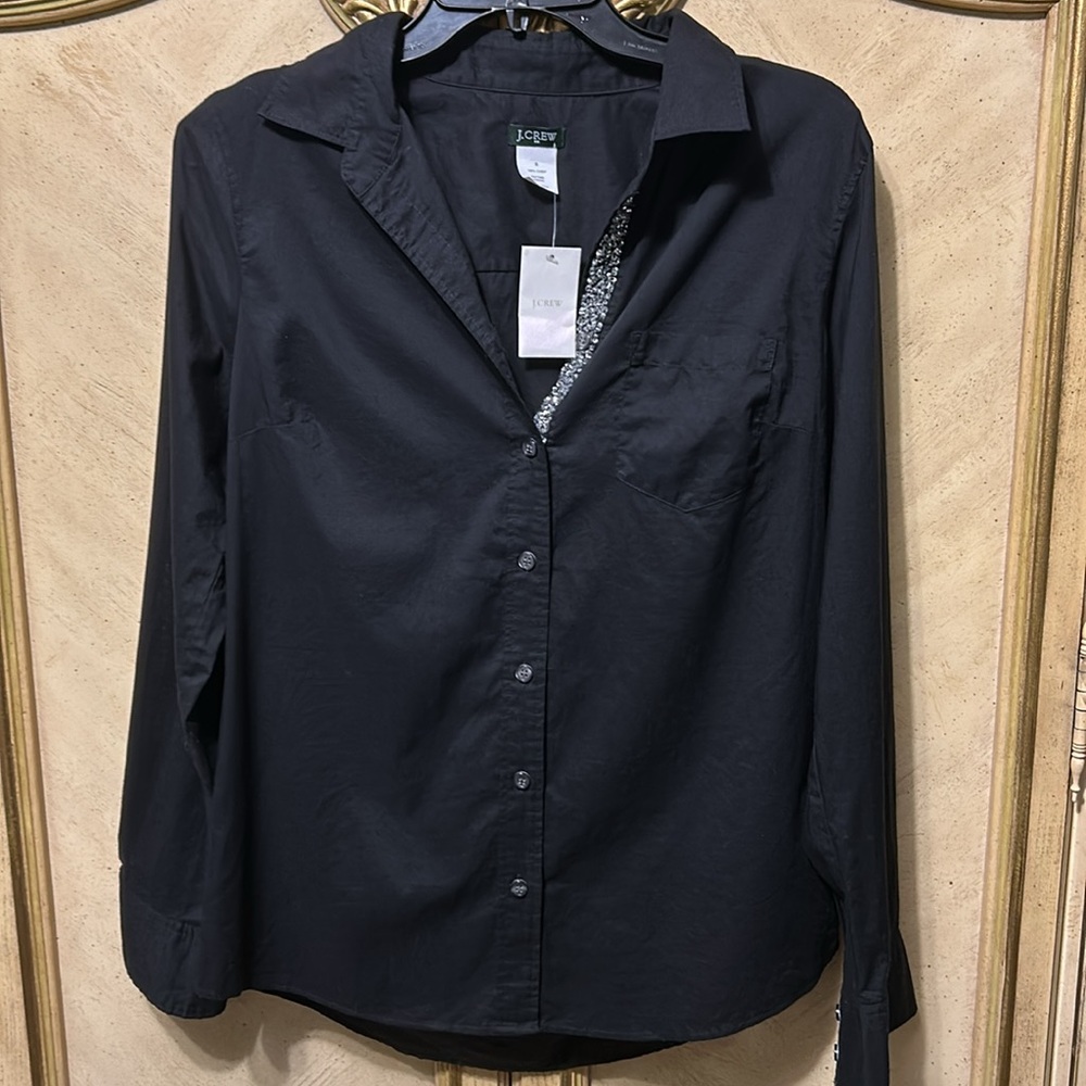 J Crew Black Front Button Shirt Sequin Collar NEW NWT